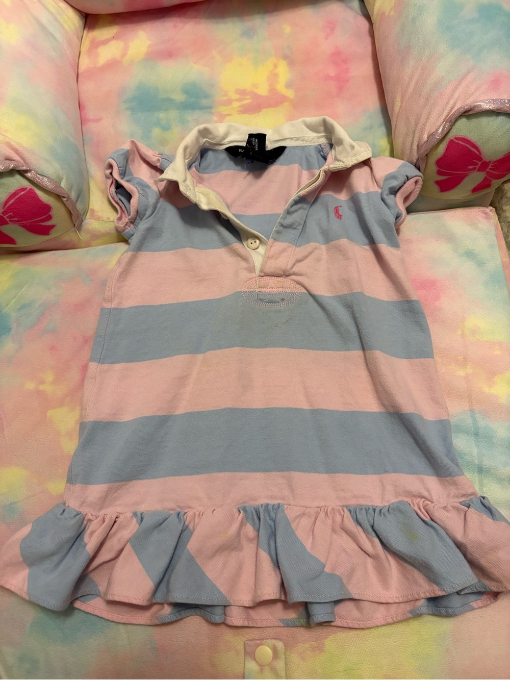 Ralph Lauren Pink and Light Blue Striped Ruffle Polo Dress